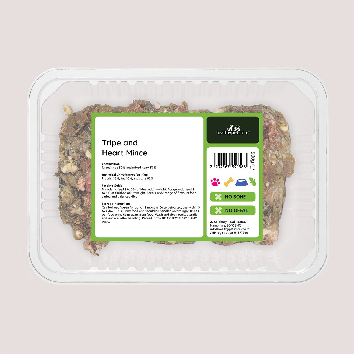 Raw Minced Tripe & Heart No Bone & No Offal 500g