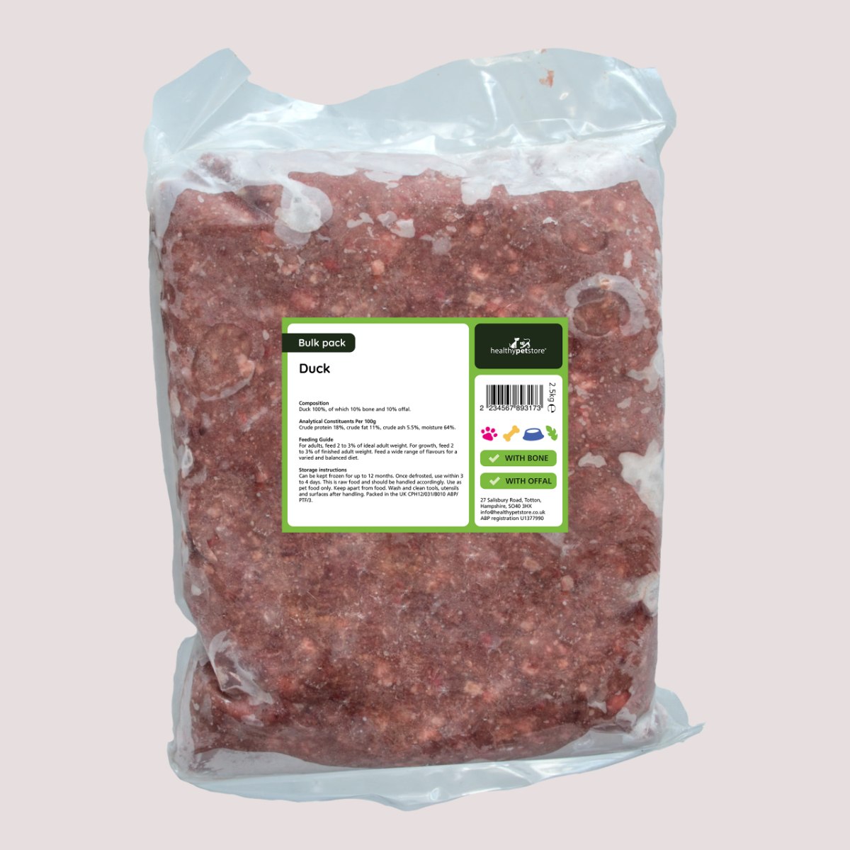 Raw Minced Duck With Bone & Offal 2.5kg Bulk